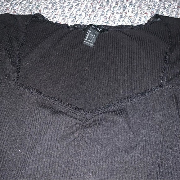 Black ribbed balconette style lace trim poof sleeve top - Picture 3 of 3